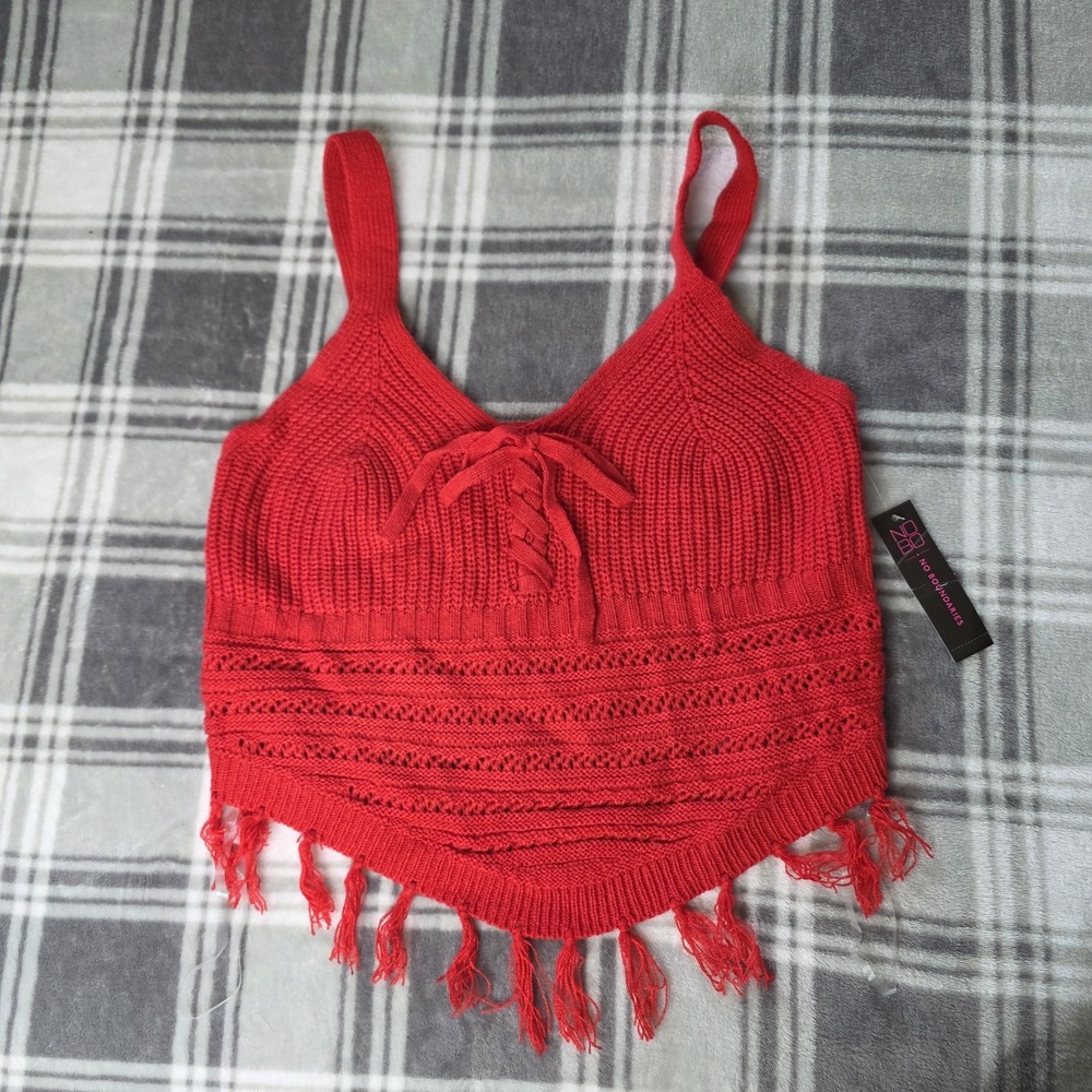 Women's Medium Red Knit Cropped Tank Tassels Vacation Beach Western Y2K Concert